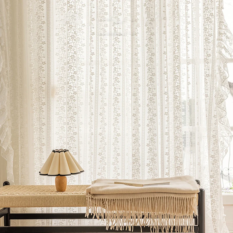 White Dots Romantic Ruffle Edge Voile Curtains for Girl Room French Vintage Lace Light Filtering Mesh Tulle Window Bedroom Drape