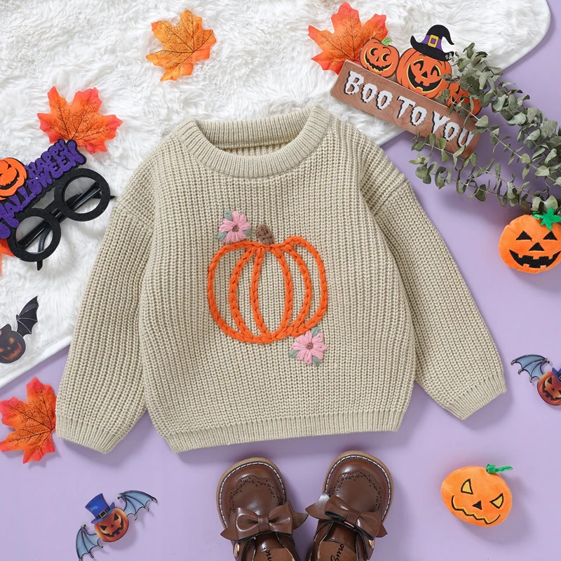 Baby Girls Knitting Sweaters Casual Children Jumpers Long Sleeve Pumpkin Flower Crochet Pullover Toddler Winter Tops