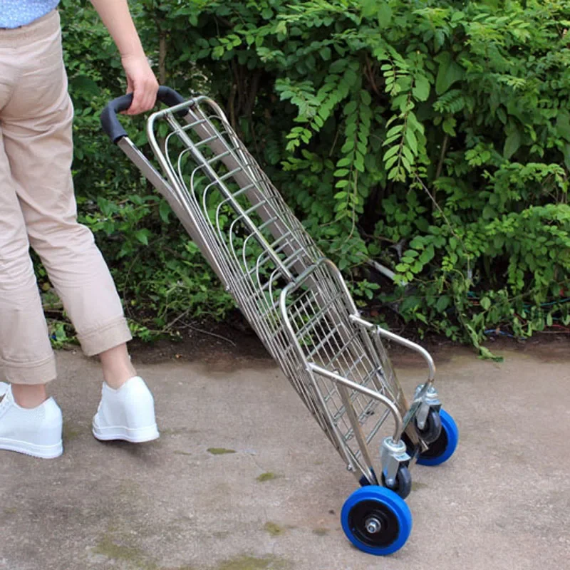 Stainless Steel Grocery Shopping Cart Can Load 75KG, Foldable Hand Dolly, Portable Supermarket Basket