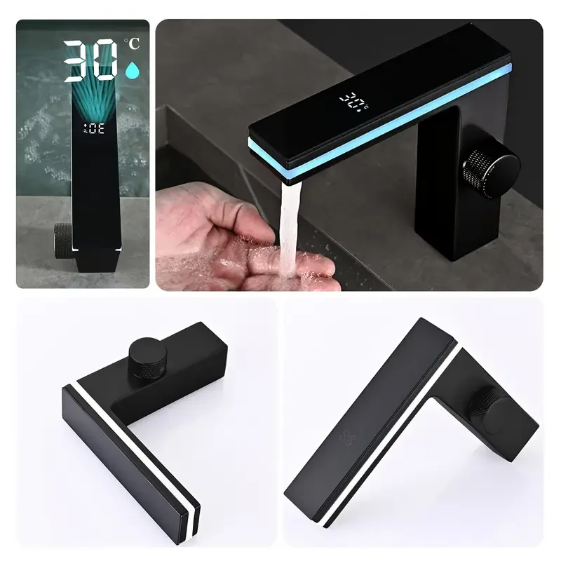 Modern Black Single Hole Bathroom Sink Faucet with Digital Temperature Display - Battery-Free Hydraulic Power