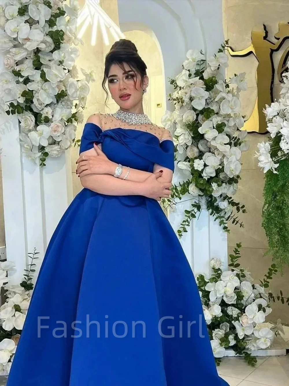 

Elegant Vintage Royal Blue Ruffle Crystal Beaded Customized Formal Occasion A Line Floor Length Prom Dress Evening Party Gowns