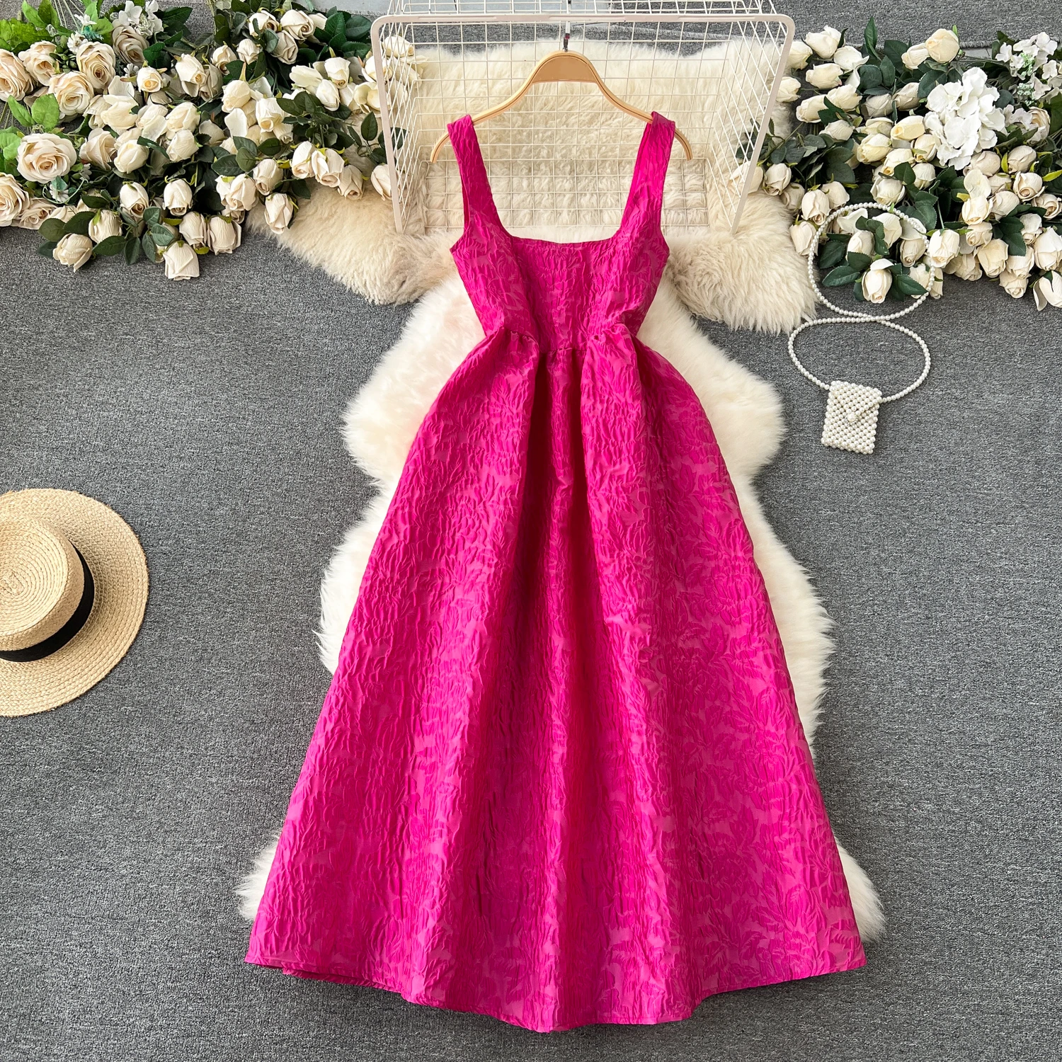 

Clothland Women Elegant Pink Midi Dress Zipper Sleeveless Backless A Line High Waist Party Club Event Sexy Dresses Vestido QD198