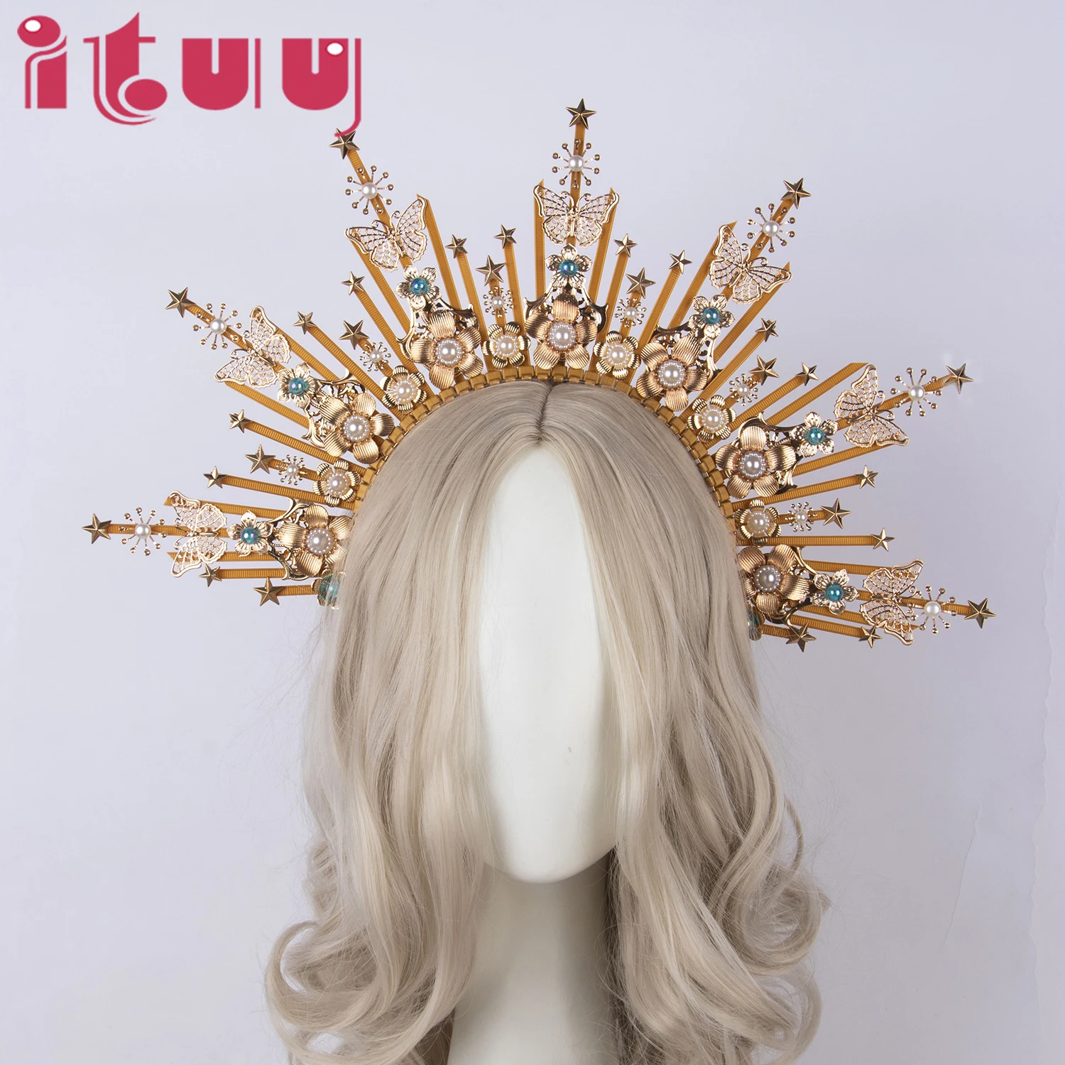 

Virgin Sun Goddess Cosplay Baroque Crown Headband Gothic Lolita Girls KC Halo Crown Headpiece Women Headdress Hair Accessories