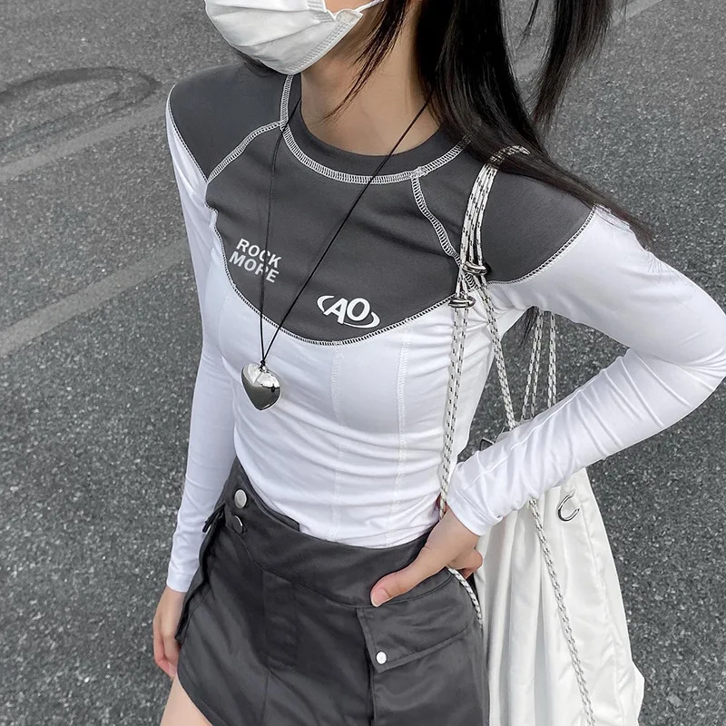 

Korean Fashion Girl Casual T-shirt Aesthetic Long Sleeve Letter Print Crop Top Techwear Contrast Basic Tees Harajuku Streetwear