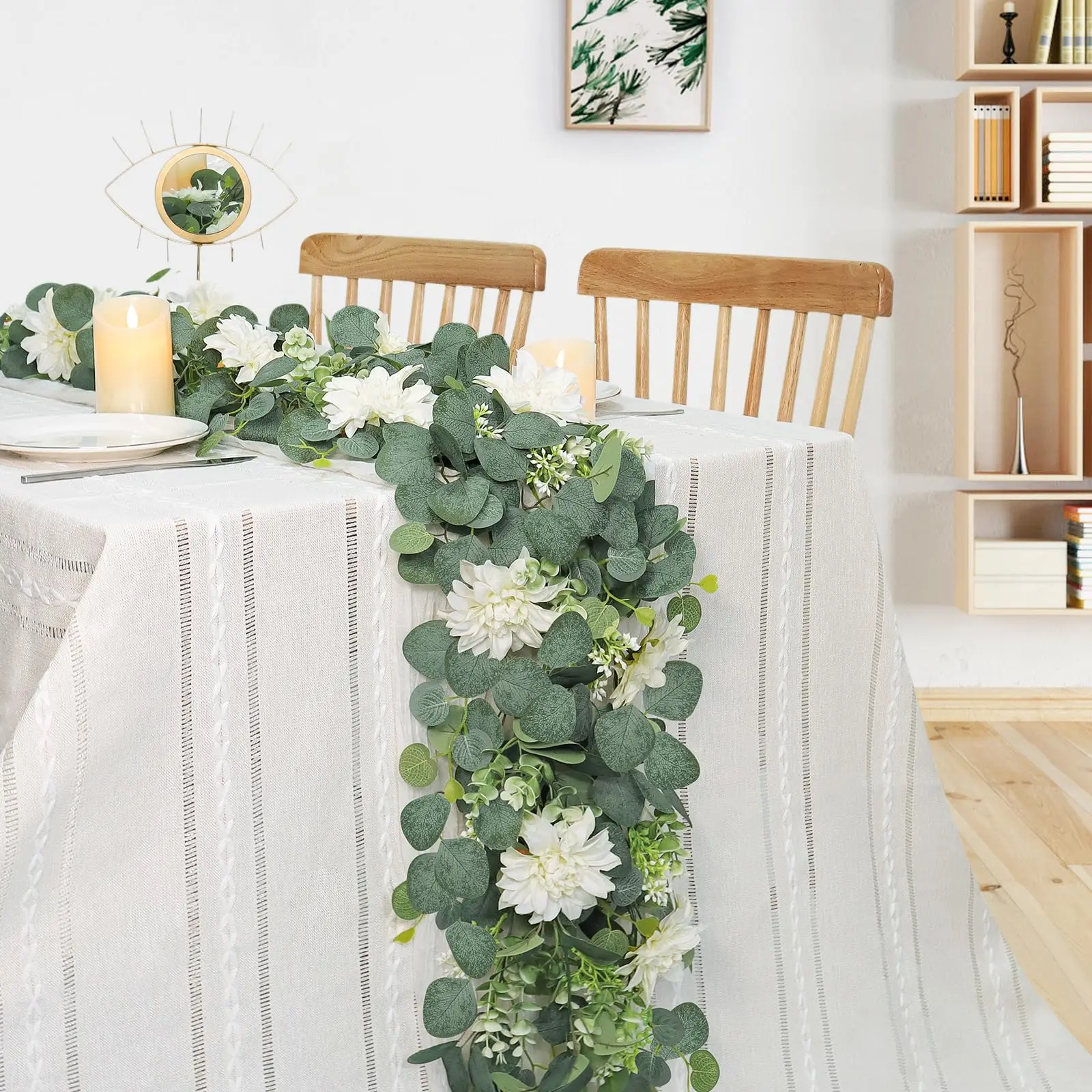 5,6 Fuß künstliche Blumen Eukalyptusgirlanden mit Dahlie-Blumenranken zum Aufhängen für Hochzeitsbogen, Zuhause, Wandhintergrund, Raumdekoration – Detail 3