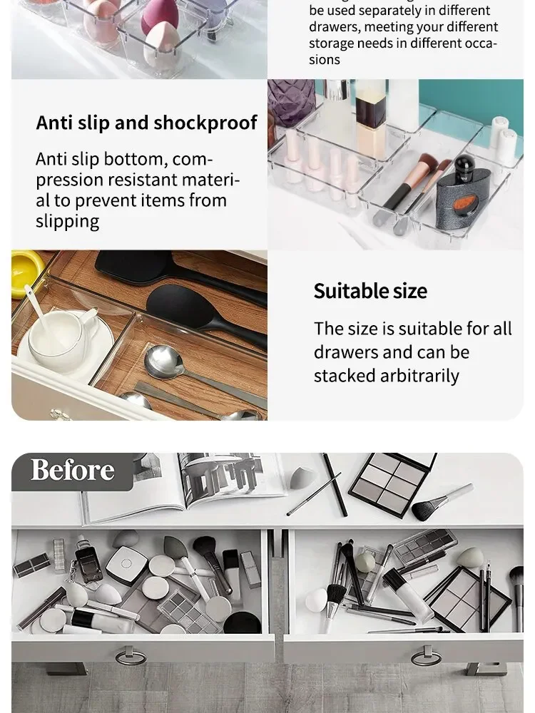 Description Picture 6 of item7/14 Pcs Drawer Organizers Set Clear Plastic Desk Dividers Bins Bedroom Dresser Office Storage Box for Makeup Jewelries Gadgets