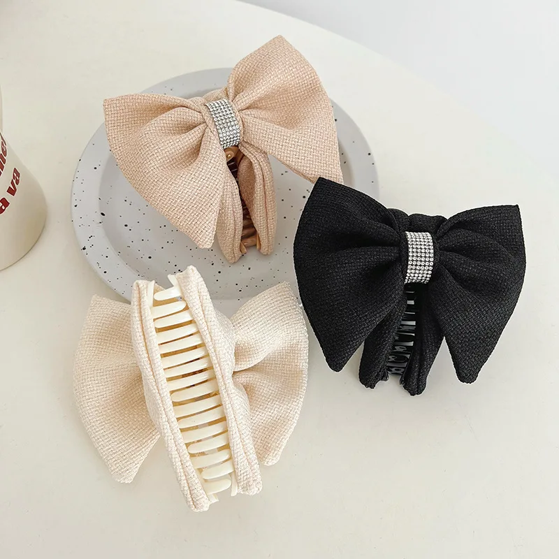 South Korea Dongdaemun New Style Small Fragrance Temperament Hair Claw Bow Knot Rhinestone Grab Clip Large Shark Clip fashion red flocked flowers rhinestone butterfly hairpin ponytail hair claw alloys grab clip woman hair accessories gifts