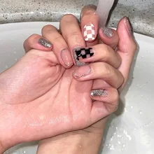 

Pink Checkerboard Broken Diamond Wearable Nail Nail Stick Finished Nail Fake Nail Removable Nail Acrylic Nail Powder