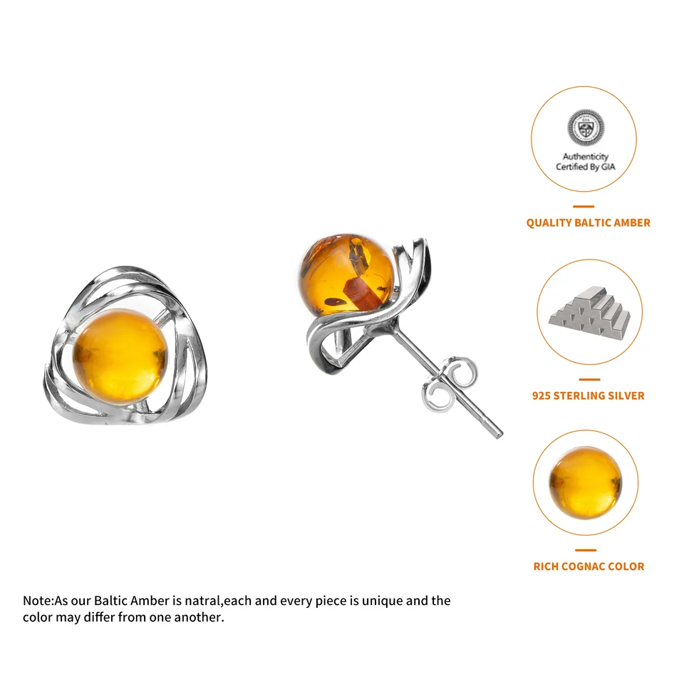 Orecchini a perno in ambra baltica color cognac, in argento
