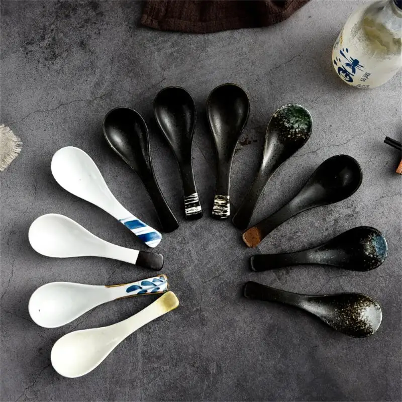 

Household Ceramic Spoon Japanese Cooking Spoon Tableware Creative Retro Small Spoon Soup Thin Rice Spoon Kitchen Accessories