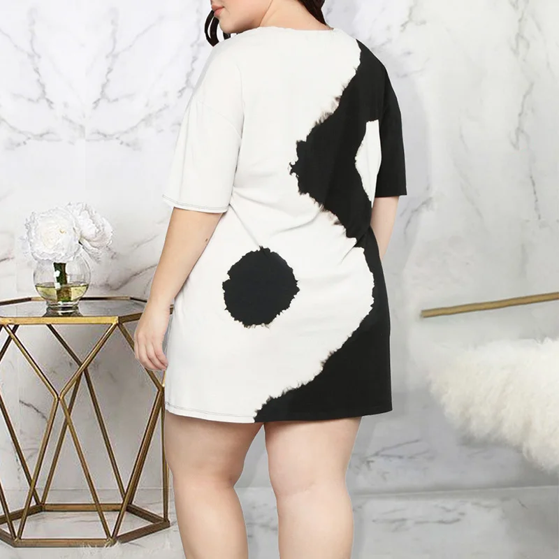Plus Size Spring Summer Women's Clothing Tie Dye Printing Half Sleeve Higt Waist Skirt 2023 Elegant Round Neck Knee Length Dress