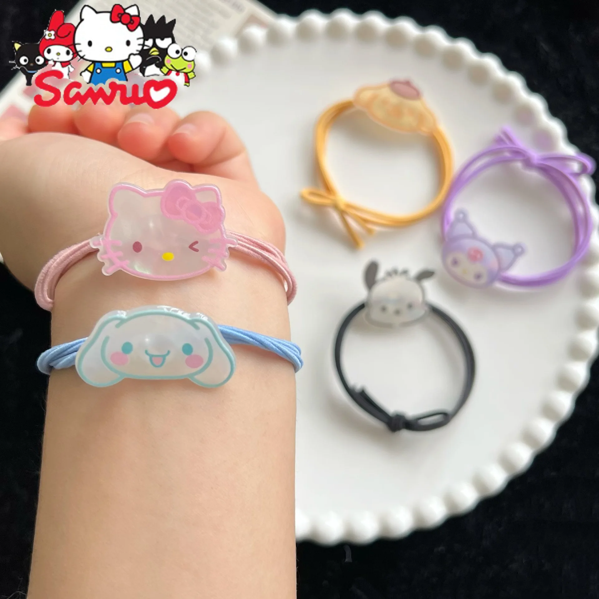 

Sanrio Kuromi Hello Kitty Melody Cinnamoroll Pochacco Hair Rope Kt Cat Pacha Dog Heart Korean Couple Cartoon Headgear Hair Ring