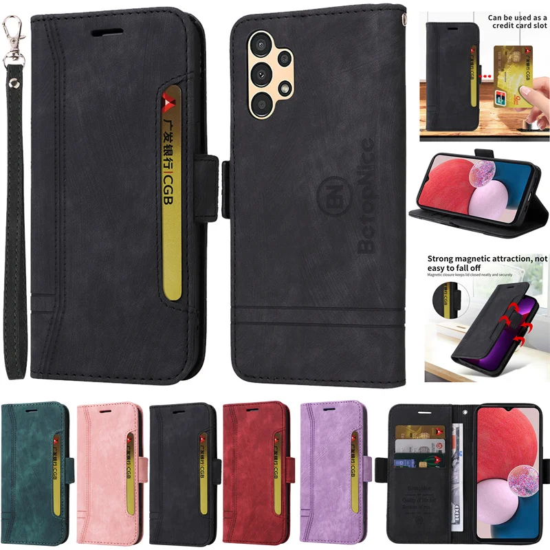 Per Samsung Galaxy A14 A 14 5G Case Book Stand Etui Per Samsung Galaxy A13 A 13 Cover Multiple Card Bag Magnetic Absorpt Lanyard
