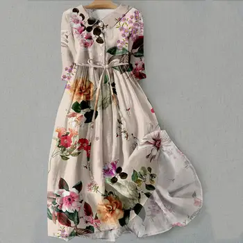 Women Spring Dress Floral Print Mid Sleeve Lapel V Neck Lace-up High Waist A-line Half Single-breasted Bohemian Pleated Midi Dre 1