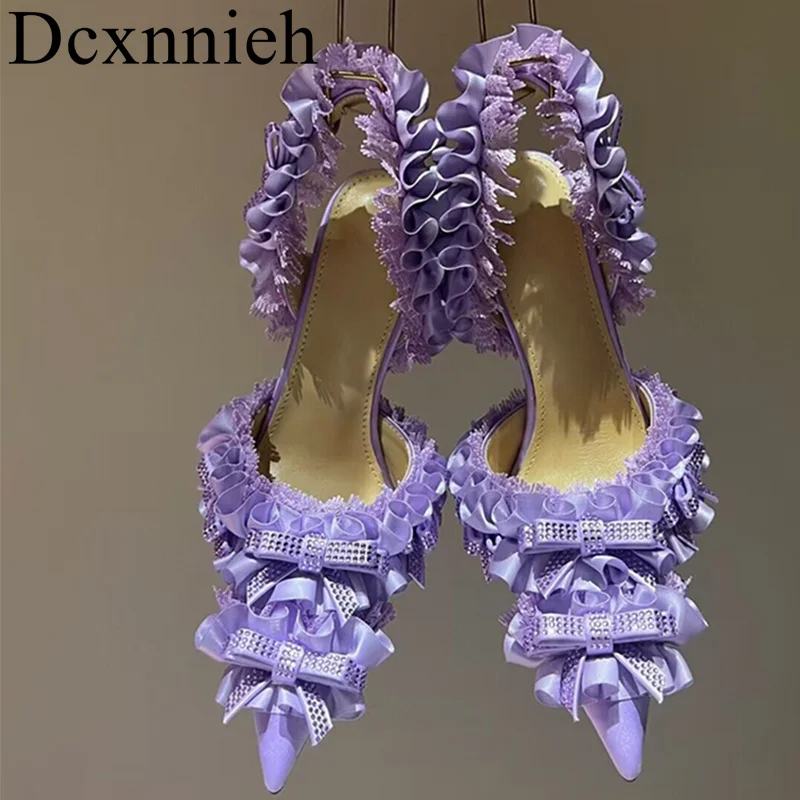 

New Satin Finish Pointed Closed Toe Thin Heels Sandals Women Butterfly-knot Decor Pumps Summer Banquet Dress Wedding Shoes