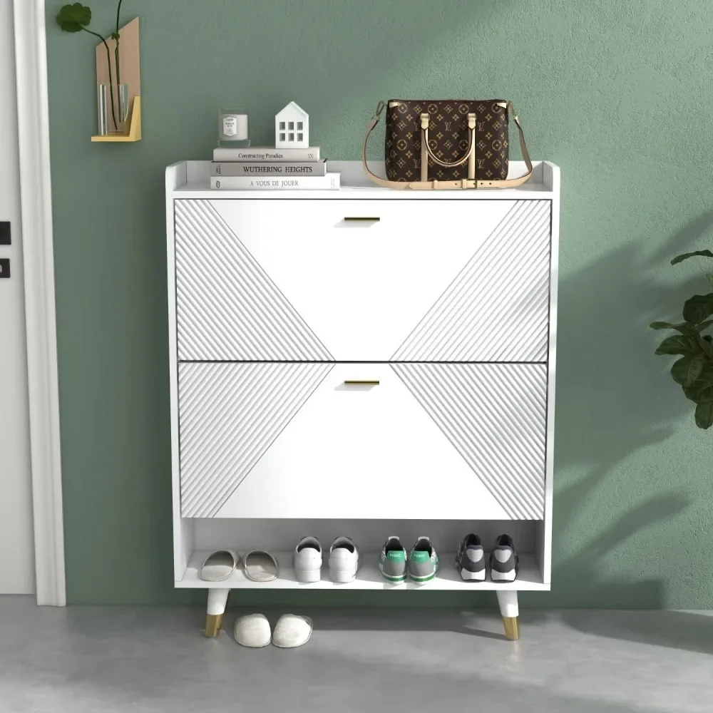 

Entrance shoe cabinet white, with 2 flip-out drawers, entrance hallway, separate shoe rack organizer narrow shoe cabinet