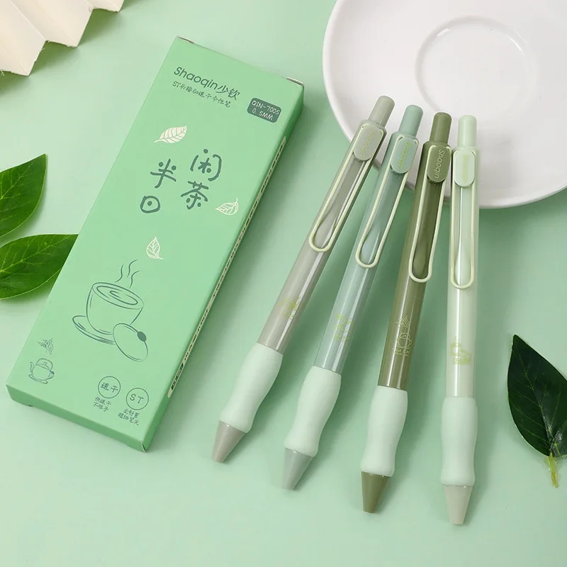 4 pcs/set Leisure Time Tea ST Tip Gel Ink Pens School Office Writing Supplies Quick Dry Mechanical Pen Set Gift Stationery 3 envelope 6 letters paper fragmented time a4 writing wedding invitation confession letter paper school supplies stationery