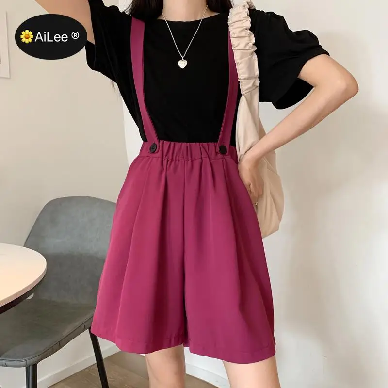 Women Summer Overalls Shorts Elastic High Waist Draped Loose Purple Chic Shorts Knee Length Pockets Knee Length Harajuku Shorts