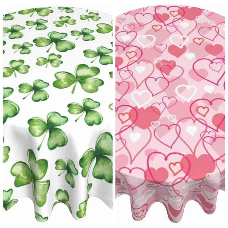 

Happy Saint Patrick Day Green Shamrock Valentines Round Tablecloth Hearts Love Table Cover Waterproof Home Decoration