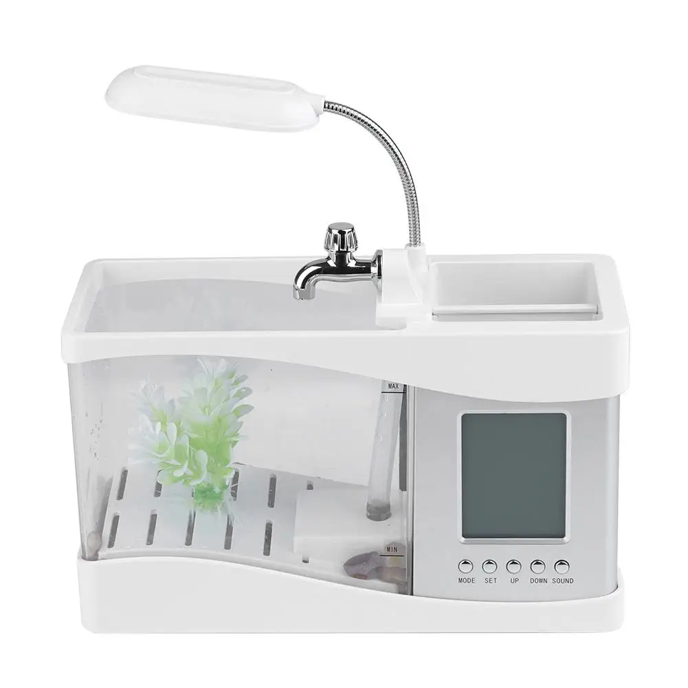 USB Rechargeable Mini Desktop Aquarium with LED Light LCD Display & Clock Multifunctional Fish Tank Supplies