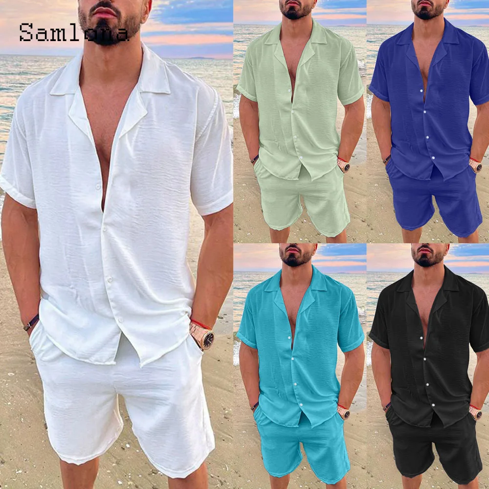 Plus Size Mens Casual Linen Two Piece Sets 2024 Europe Style Vintage Tops Blouse and White Shorts Suit Male Beach Tracksuits Set 6