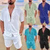 Plus Size Mens Casual Linen Two Piece Sets 2024 Europe Style Vintage Tops Blouse and White Shorts Suit Male Beach Tracksuits Set 6