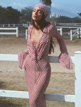 2025 New Chiffon Stripe 2Pc Bikini Set Long Sleeve Backless Crop Tops Women Transparent Bodycon Skirts Sexy Beach Casual 1