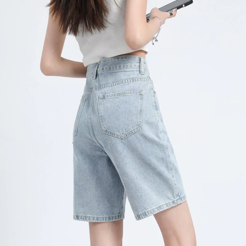 White Wide Leg Denim Shorts Women High Waist Summer Solid Knee Length Jeans Light Blue High Quality Casual Short Pants Female