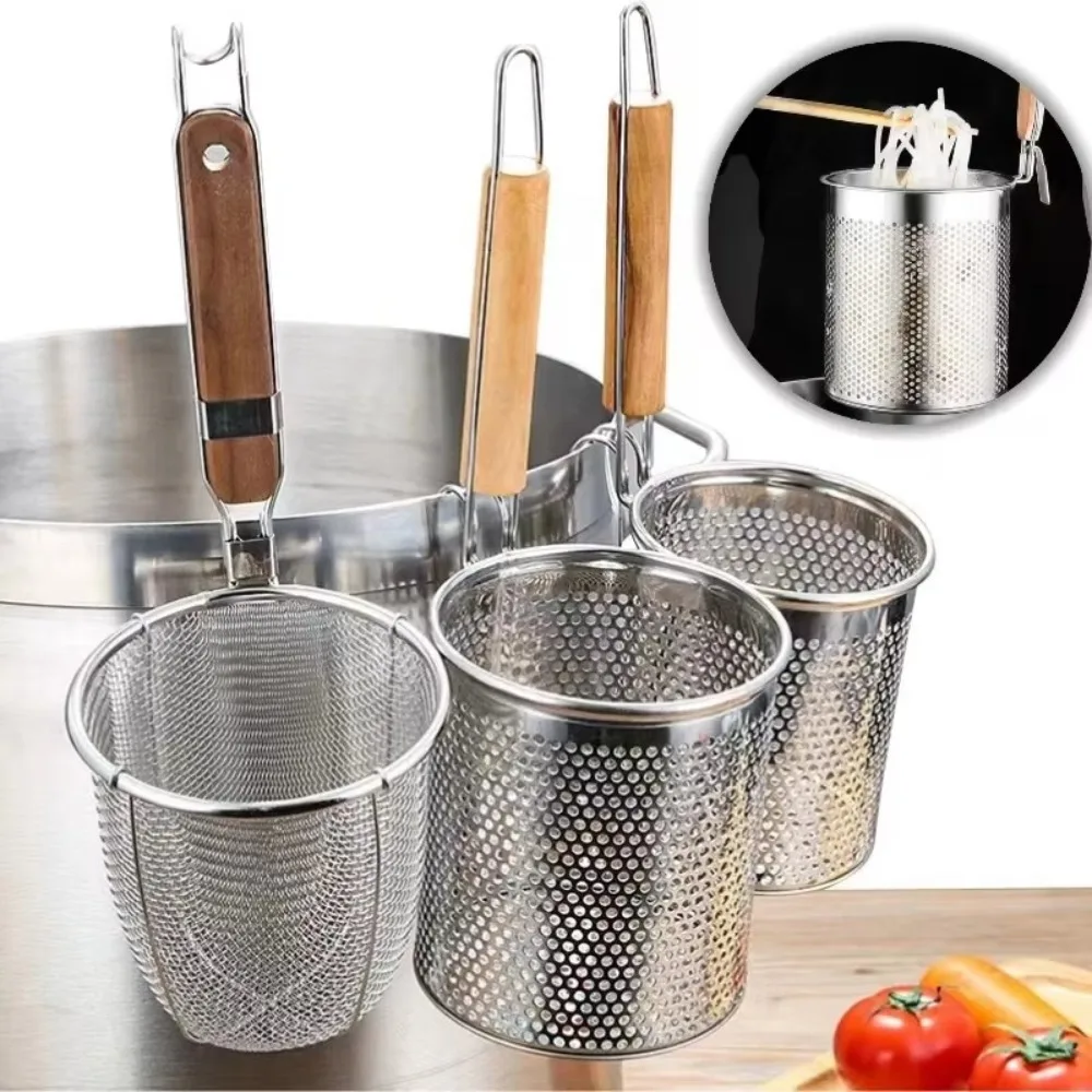 Durable Stainless Steel Noodle Funnel Wooden Handle Pasta Basket Strainer Multifunctional Fine Mesh Sieve Spoon Kitchen Gadgets
