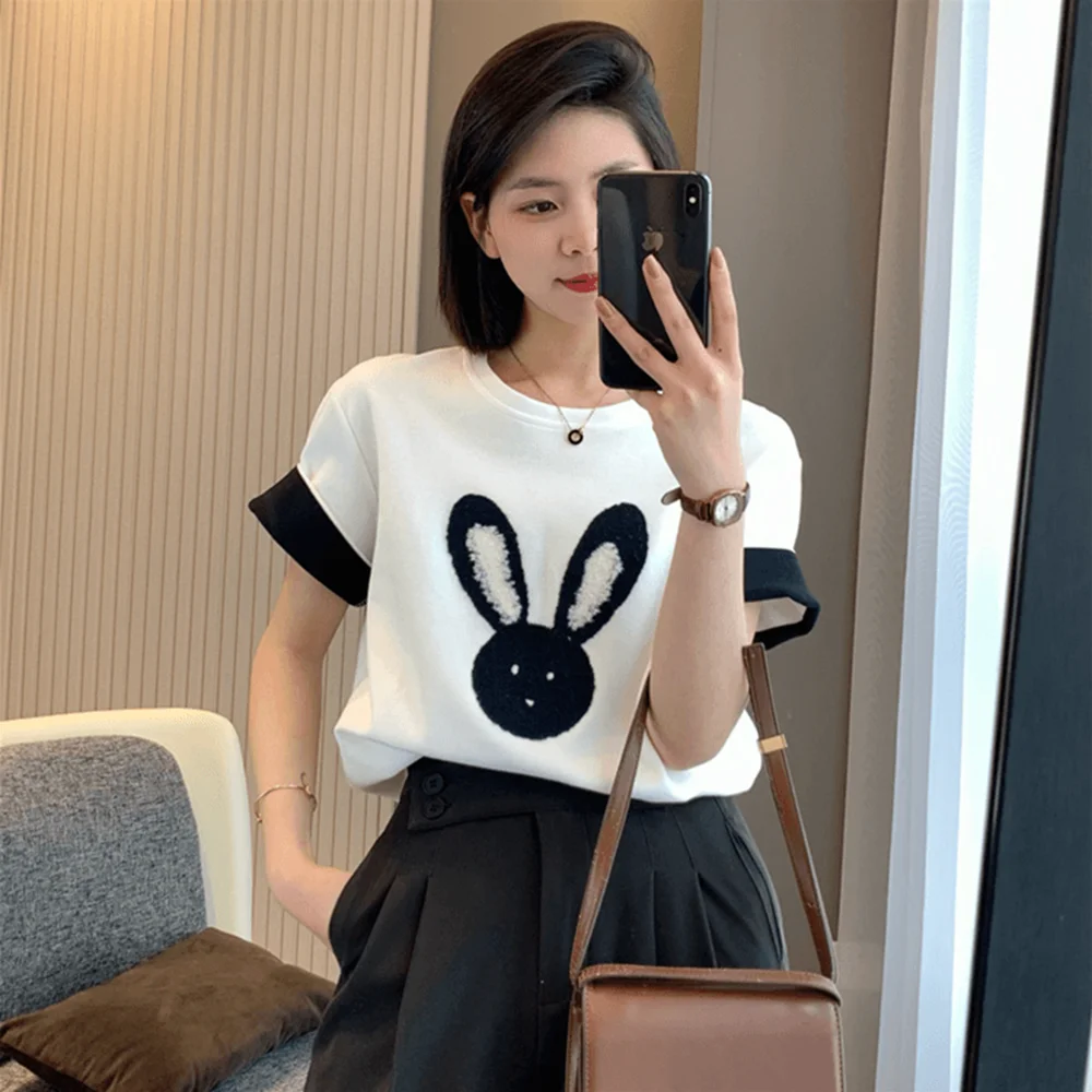 

Summer Rabbit Embroidery Round Neck T-shirt Women's Contrast Color Short Sleeve Tshirt Top Summer 2023 Cotton O-neck Loose Tees