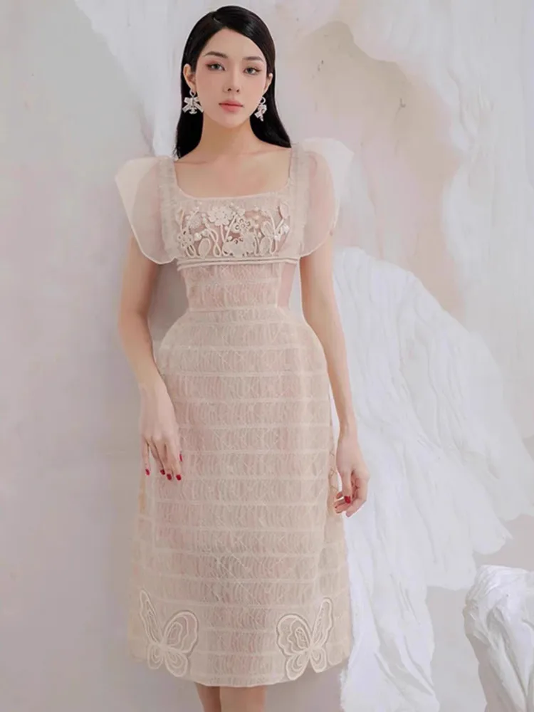 

High-Quality Fashion Luxury Summer Dress Women's Square Collar Net Lace Patchwork Butterfly Embroidery Dresses Female Clothing