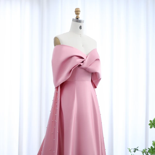 Luxury Dubai Pink Satin Evening Dresses with Train Off Shoulder Arabic for Wedding Party Gowns 481 (Customer Link) 4