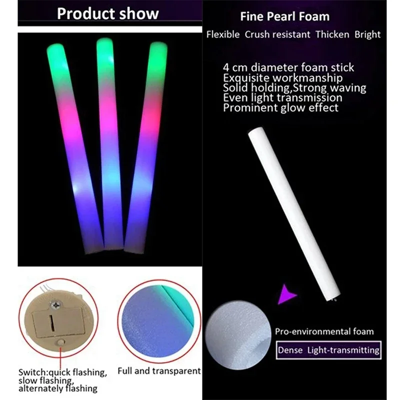Description Picture 4 of item10/15/20/30Pcs LED Glow Sticks Bulk Colorful RGB Glow Foam Stick Cheer Tube Light in The Dark for Party Concert Wedding Supplies