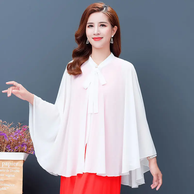 

Summer New Shawl Chiffon Sunscreen Clothes Women Lace Up Cloak Thin Air Conditioning Cardigan Lady Poncho Capes White