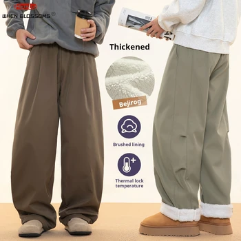 Hanlu 2025 Men's Pleated Cargo Sweatpants J-Cut Tapered Pants Japanese Loose Fit Fleece Lined Winter Streetwear Corduroy Trouser