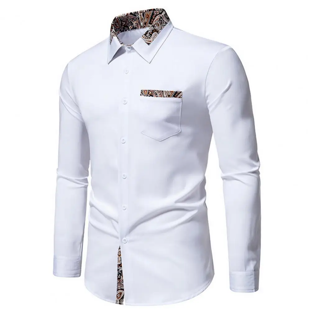 Men Regular Fit Shirt Retro Style Men's Spring Fall Shirt with Contrast Color Print Slim Fit Chest Pocket Formal for Mid