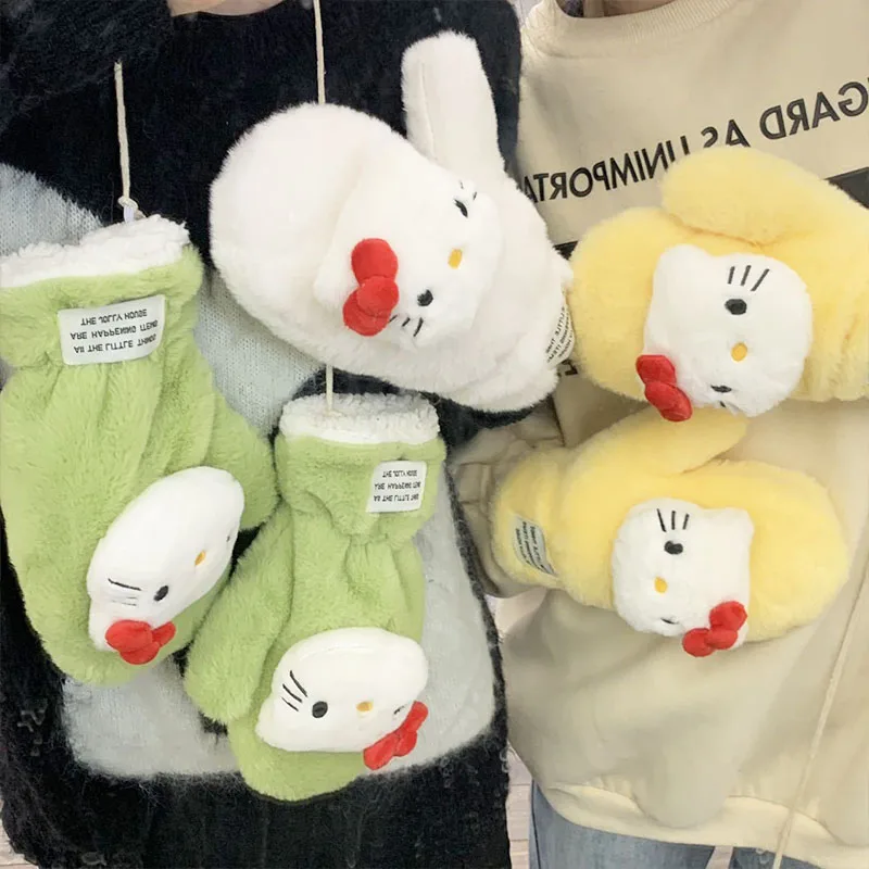 

New Kawaii Kt Cat Plush Gloves Anime Cartoon Thickened Riding Windproof Warm Plush Gloves Mittens Girl Candy Colored Gloves Gift