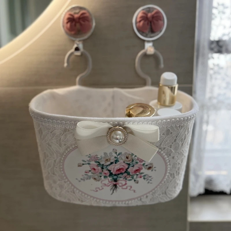 Pink Lace Storage Basket Pastoral Bouquet Bathroom Fabric Hanging Basket Bedside Wall Hanging Cosmetic Storage Basket Rack 2