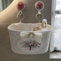 Pink Lace Storage Basket Pastoral Bouquet Bathroom Fabric Hanging Basket Bedside Wall Hanging Cosmetic Storage Basket Rack 2
