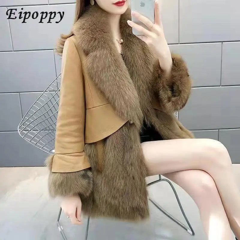 women's-korean-style-faux-fox-fur-slim-fit-mid-length-leather-coat-fur-coat