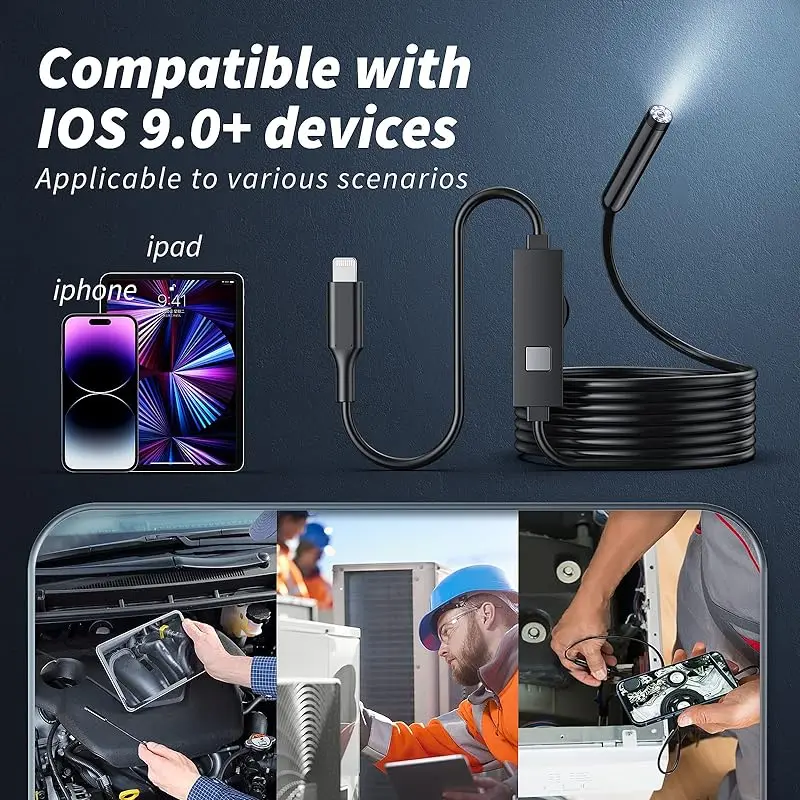 1920P HD Endoscope Camera Semi-Rigid Snake Borescope 8mm with 8Light Car Inspection Borescope IP67 Waterproof for iOS Android 3
