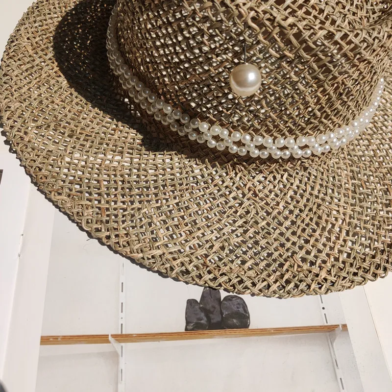 Women Summer Hats Pearls Band Straw Fedora Hat Sea Grass