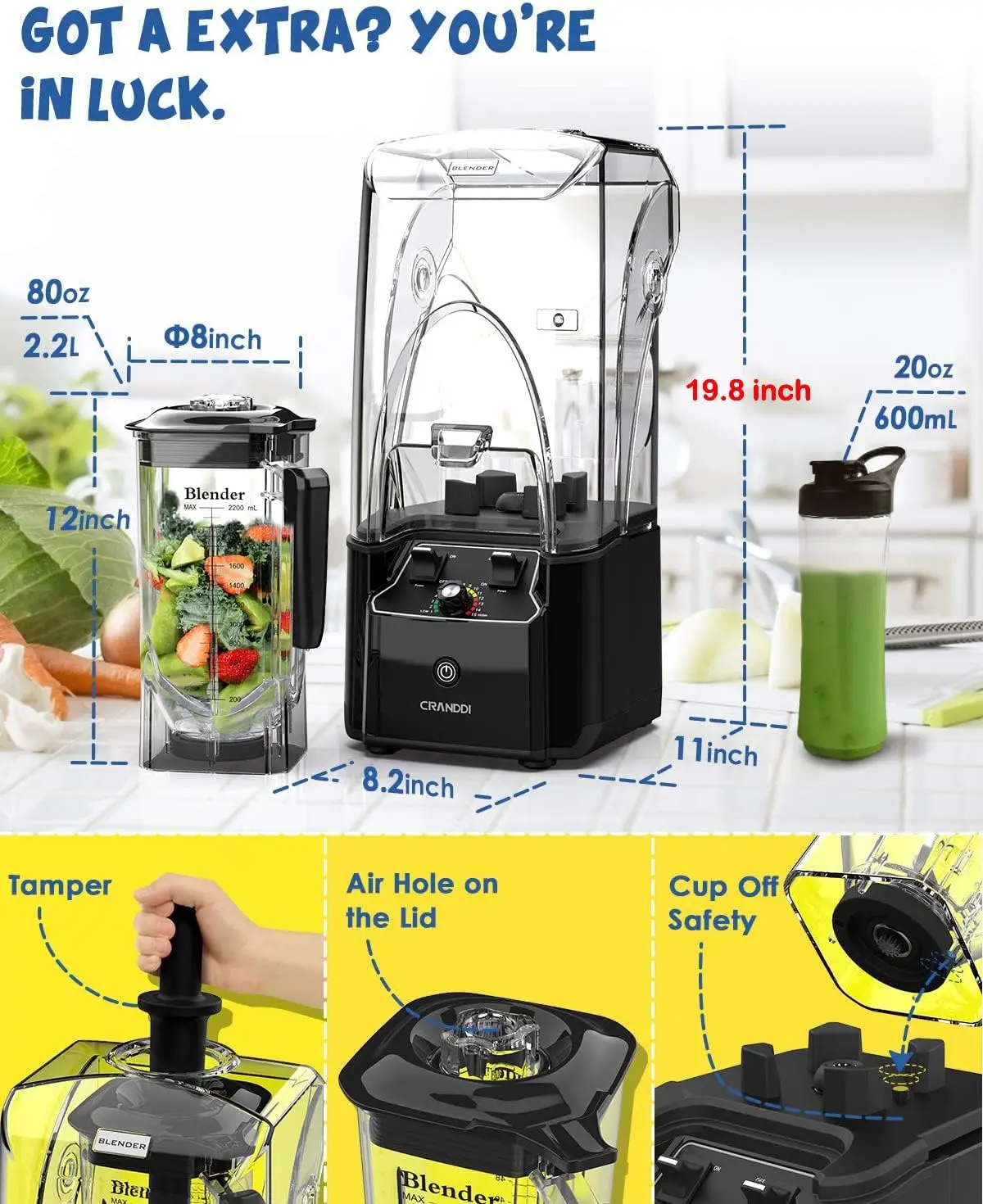 Commercial Blender with Soundproof Shield, 2200 Watt Professional Blenders for Kitchen with 80oz Jar and Self- 5