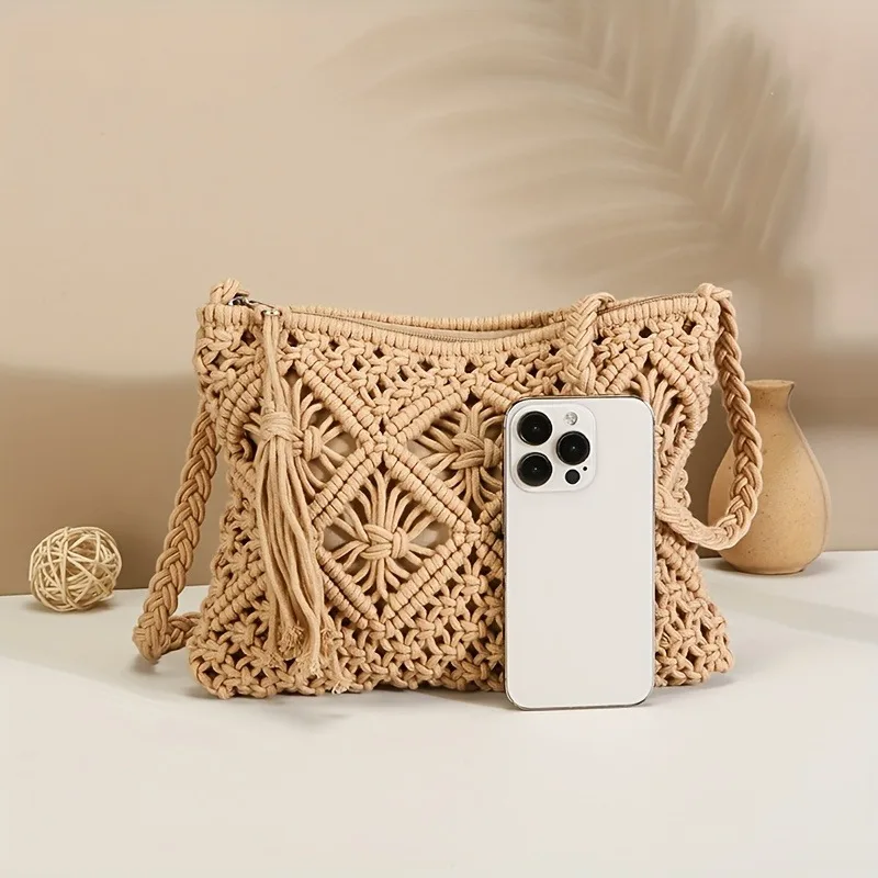 Handmade Bohemian Woven Rope Crossbody Bag with Tassel Detail, Summer Beach Clutch Shoulder Bags for Women, Geometric Design
