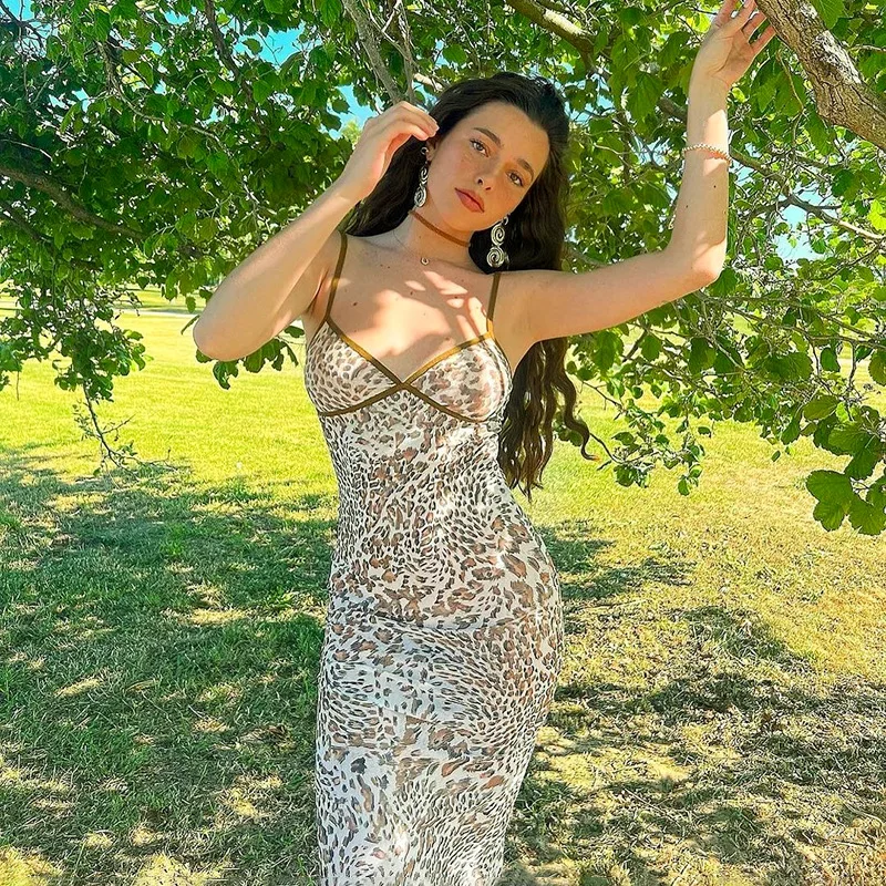 

Sexy Leopard Summer Mesh Maxi Dress Women Sleeveless Fashion Deep V Neck Beach Strap Long Dresses 2024 New Party Vestidos