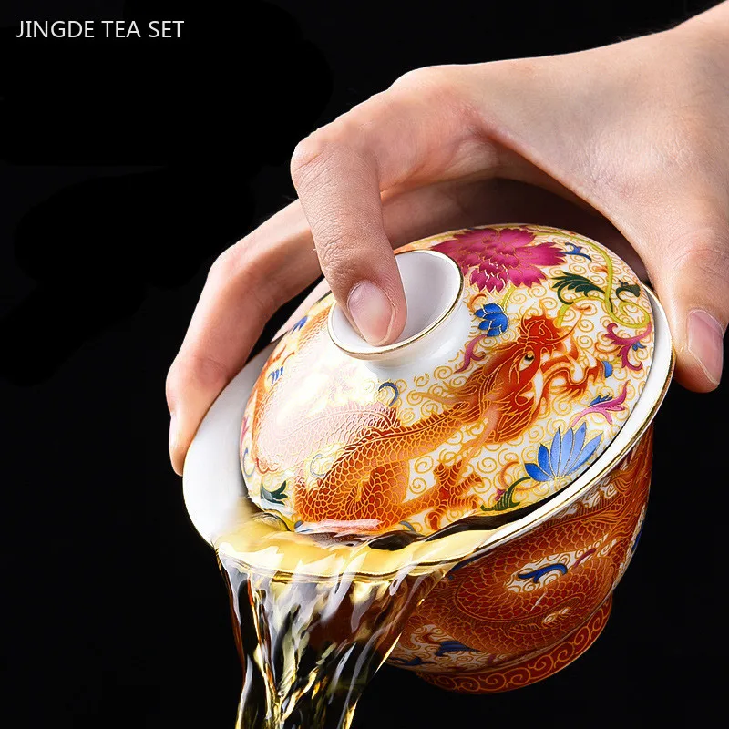 160ml Ceramic Enamel Gaiwan Exquisite Hand-made with Cover Teacup Custom Portable Tea Bowl Chinese Tea Set Beauty Tea Infuser