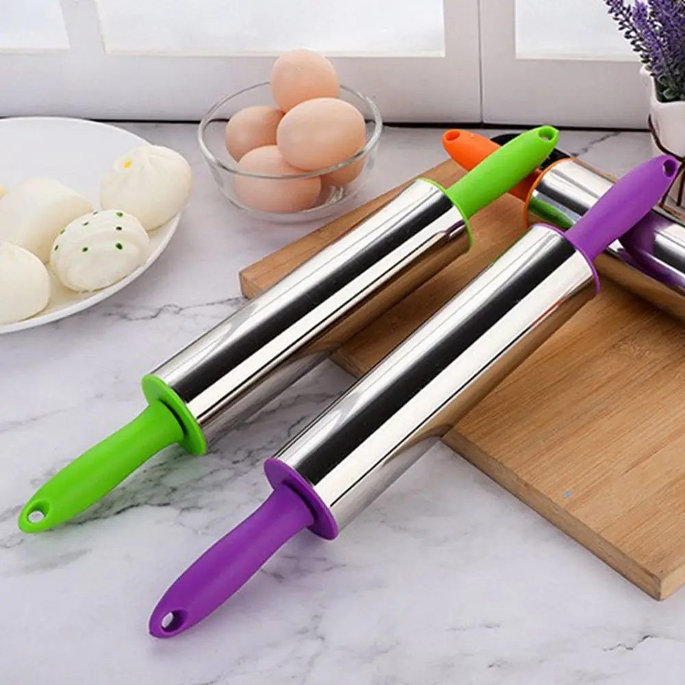 

Non-Stick 1Pc Fondant Plastic Round Handle Stainless Steel Pizza Kitchen Accessories Dough Roller Baking Tools Rolling Pin