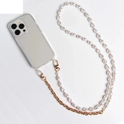 Elegant Pearl Crossbody Necklace Phone Case with Chain and Strap Attachment for iPhone 12 Mini (Gold chain)