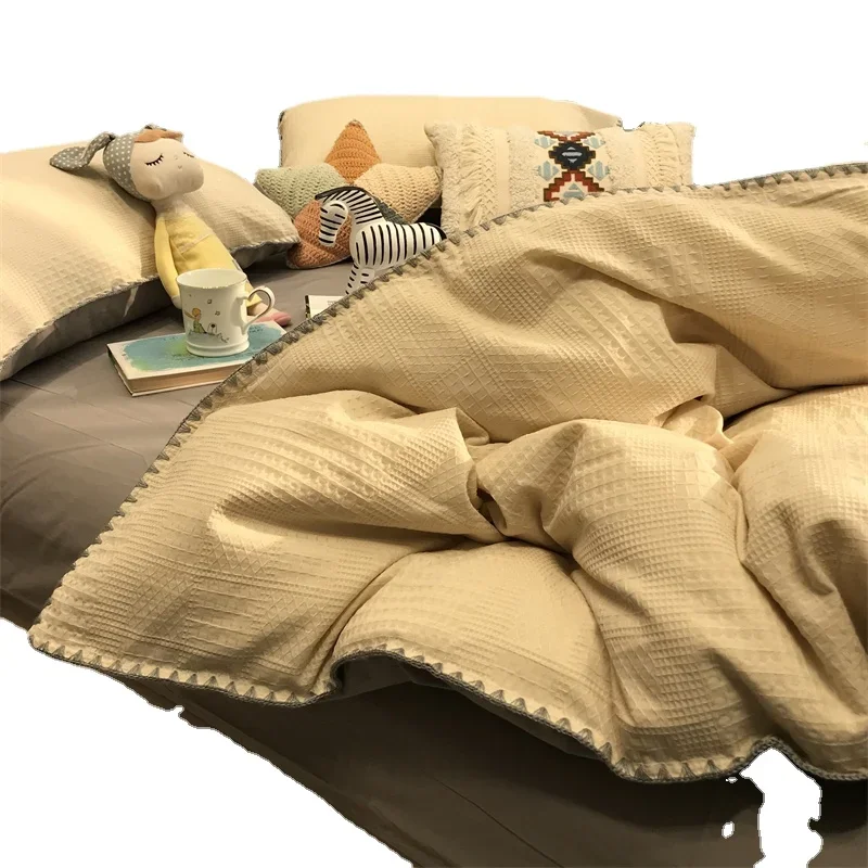 

Four-Piece Home Textile Double-Sided Color Matching Solid Washed Cotton Jacquard Waffle Beige Nordic Style Simple Modern Bedding