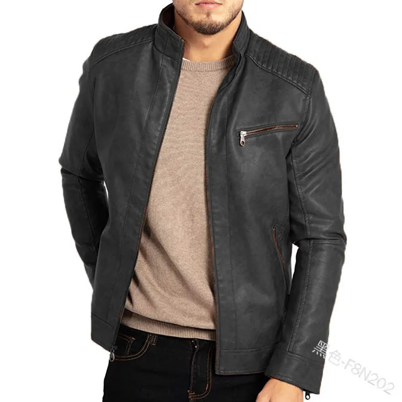 Men's PU Leather Jacket Stand-Up Collar Punk Motorcycle Style Fashion European American Teenagers Male Outerwear 2